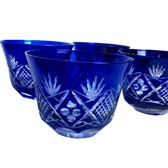 Edo Kiriko Cobalt Blue Cut to Clear Crystal Drinkware Set - Picture 3 of 5
